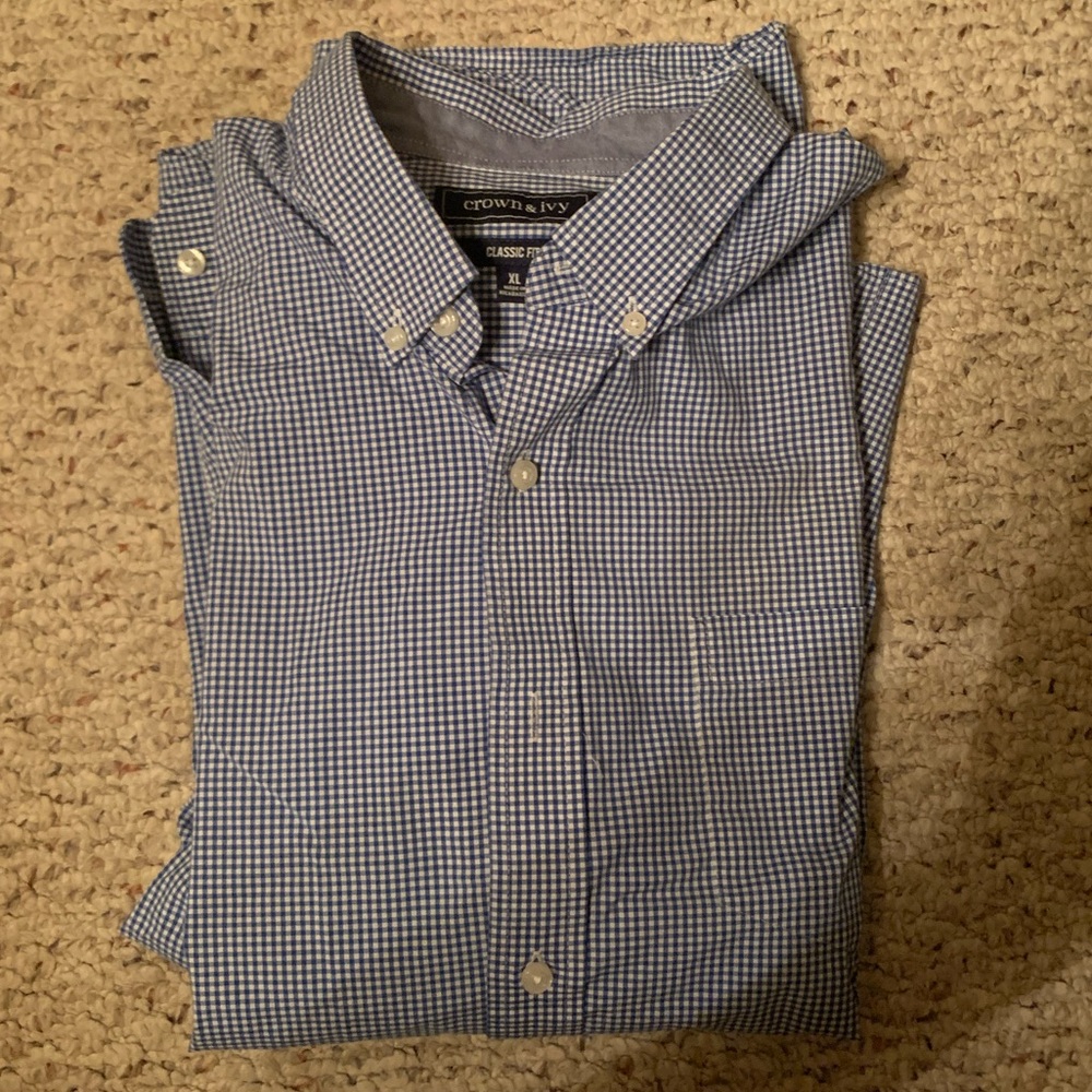 Crown & Ivy XL Classic Fit Navy and White Checker Print Button Down